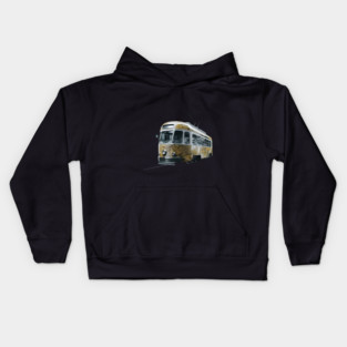 Vintage Tram, Predominantly in a Cream and Yellow Color Scheme with Metallic Accents Kids Hoodie