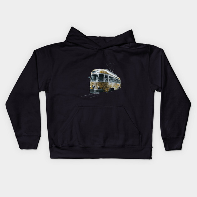 Vintage Tram, Predominantly in a Cream and Yellow Color Scheme with Metallic Accents Kids Hoodie by animegirlnft
