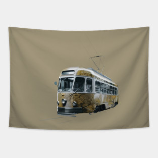 Vintage Tram, Predominantly in a Cream and Yellow Color Scheme with Metallic Accents Tapestry