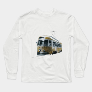 Vintage Tram, Predominantly in a Cream and Yellow Color Scheme with Metallic Accents Long Sleeve T-Shirt