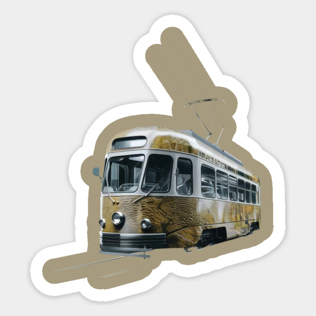 Vintage Tram, Predominantly in a Cream and Yellow Color Scheme with Metallic Accents Sticker by animegirlnft