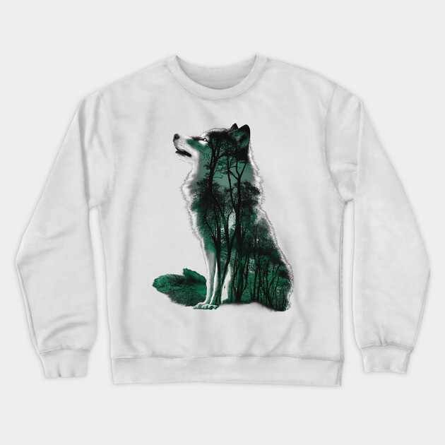 Green Wolf is Filled with a Forest Scene Crewneck Sweatshirt by animegirlnft