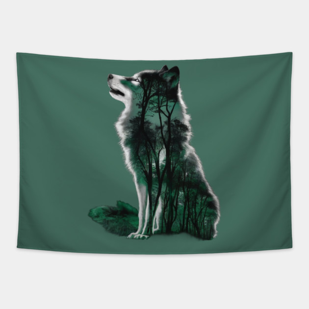 Green Wolf is Filled with a Forest Scene Tapestry by animegirlnft