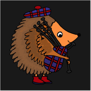 Cute Funny Hedgehog Playing Bagpipes Cartoon Posters and Art