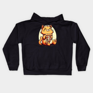 Cute Cat Eating Pizza, Funny Pizza Lover Kids Hoodie