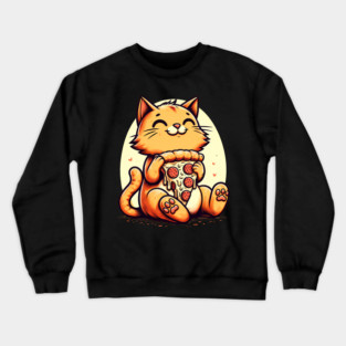 Cute Cat Eating Pizza, Funny Pizza Lover Crewneck Sweatshirt