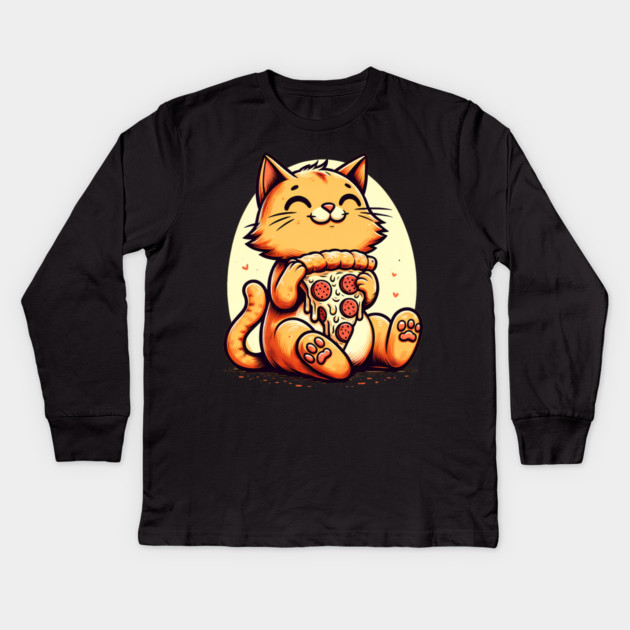 Cute Cat Eating Pizza, Funny Pizza Lover Kids Long Sleeve T-Shirt by logiamerch