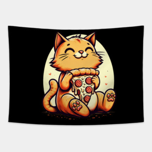 Cute Cat Eating Pizza, Funny Pizza Lover Tapestry