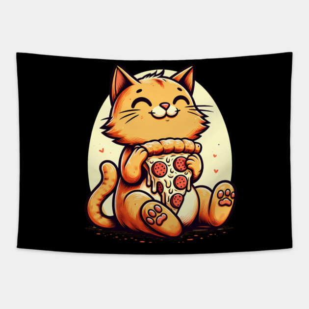 Cute Cat Eating Pizza, Funny Pizza Lover Tapestry by logiamerch