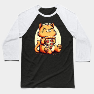 Cute Cat Eating Pizza, Funny Pizza Lover Baseball T-Shirt