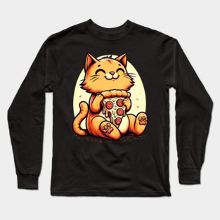 Cute Cat Eating Pizza, Funny Pizza Lover Long Sleeve T-Shirt