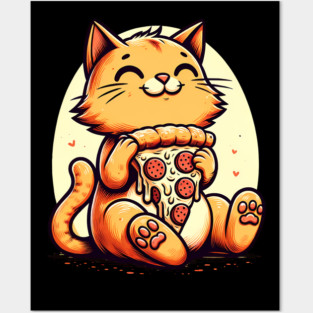Cute Cat Eating Pizza, Funny Pizza Lover Posters and Art