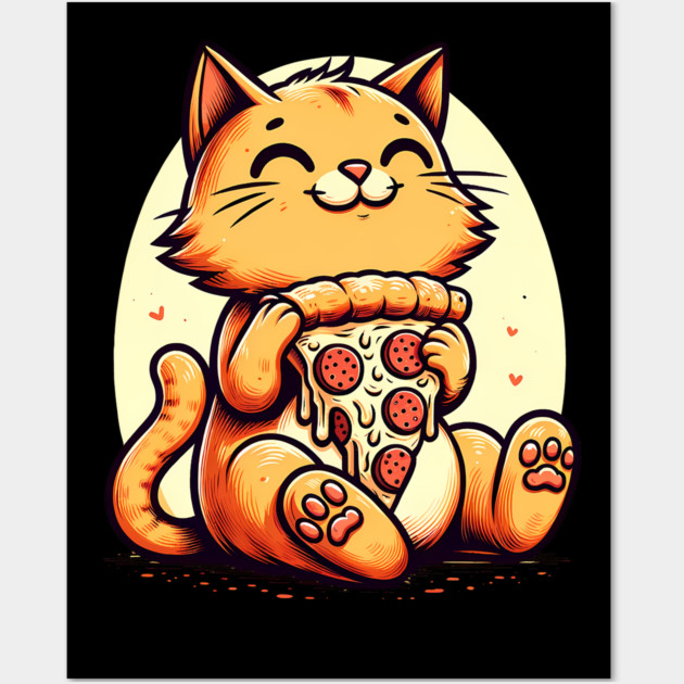 Cute Cat Eating Pizza, Funny Pizza Lover Wall Art by logiamerch
