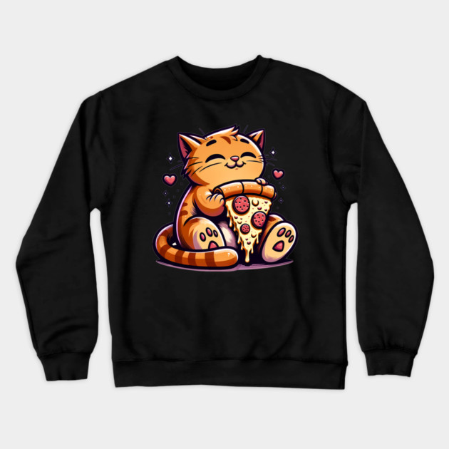 Cute Orange Cat Eating Pizza, Funny Pizza Lover Crewneck Sweatshirt by logiamerch