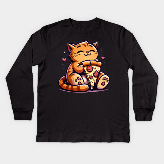 Cute Orange Cat Eating Pizza, Funny Pizza Lover Kids Long Sleeve T-Shirt by logiamerch