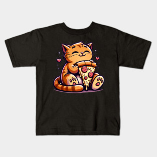 Cute Orange Cat Eating Pizza, Funny Pizza Lover Kids T-Shirt