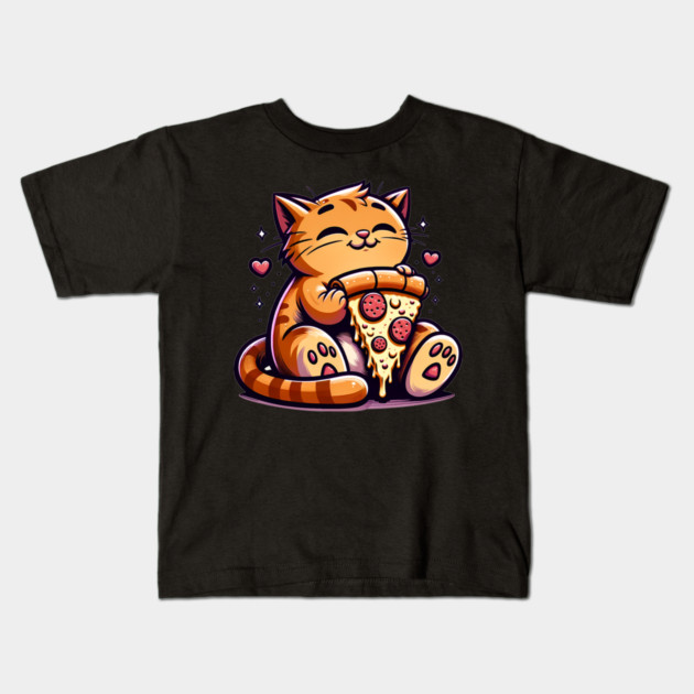 Cute Orange Cat Eating Pizza, Funny Pizza Lover Kids T-Shirt by logiamerch