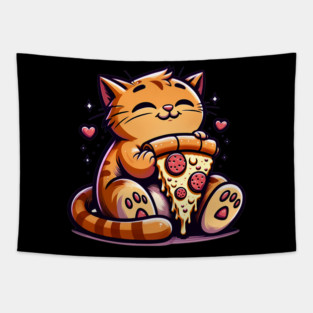 Cute Orange Cat Eating Pizza, Funny Pizza Lover Tapestry