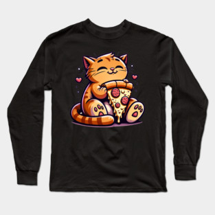 Cute Orange Cat Eating Pizza, Funny Pizza Lover Long Sleeve T-Shirt