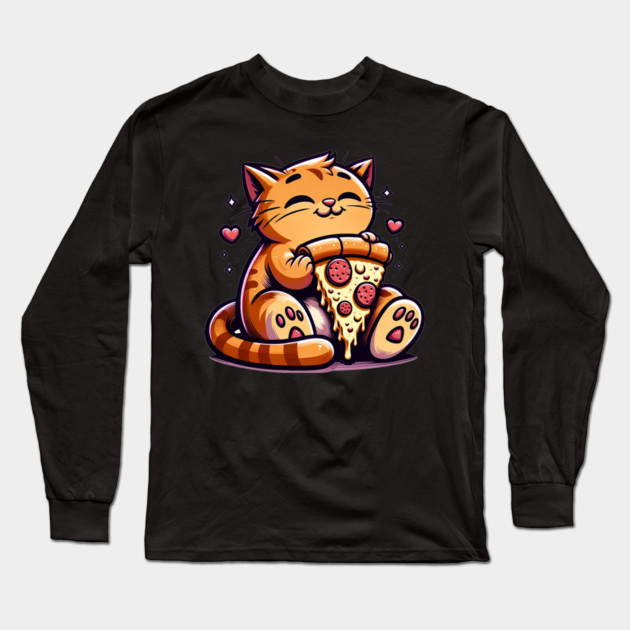 Cute Orange Cat Eating Pizza, Funny Pizza Lover Long Sleeve T-Shirt by logiamerch