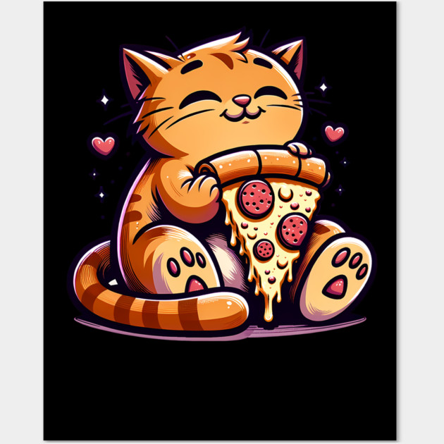 Cute Orange Cat Eating Pizza, Funny Pizza Lover Wall Art by logiamerch