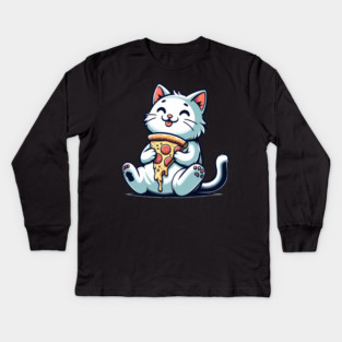 Cute Cat Eating Pizza, Funny Pizza Lover Kids Long Sleeve T-Shirt