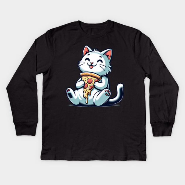 Cute Cat Eating Pizza, Funny Pizza Lover Kids Long Sleeve T-Shirt by logiamerch