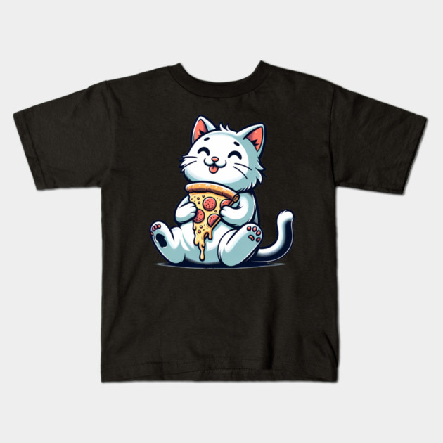 Cute Cat Eating Pizza, Funny Pizza Lover Kids T-Shirt by logiamerch
