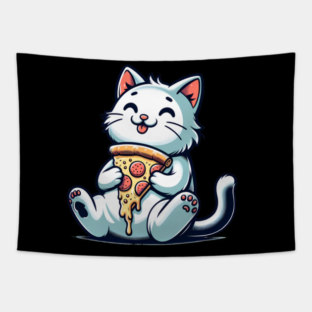 Cute Cat Eating Pizza, Funny Pizza Lover Tapestry by logiamerch