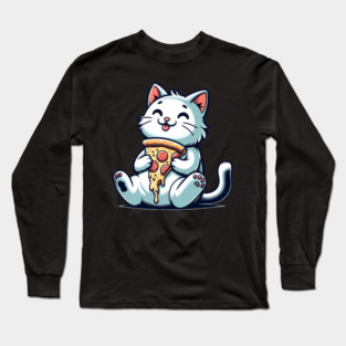 Cute Cat Eating Pizza, Funny Pizza Lover Long Sleeve T-Shirt