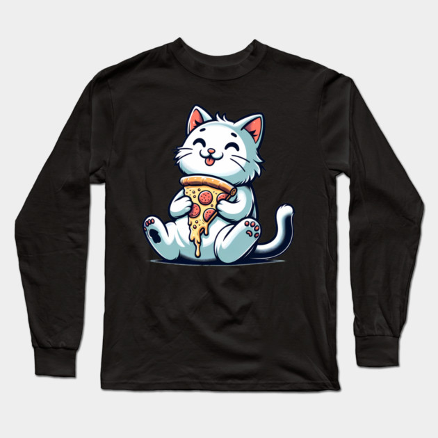 Cute Cat Eating Pizza, Funny Pizza Lover Long Sleeve T-Shirt by logiamerch
