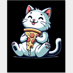Cute Cat Eating Pizza, Funny Pizza Lover Posters and Art