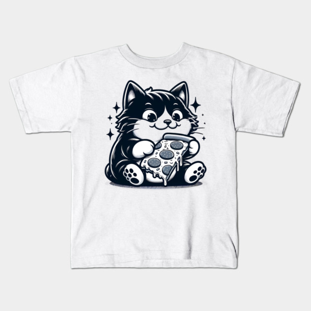 Cute Cat Eating Pizza, Funny Pizza Lover Kids T-Shirt by logiamerch