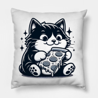 Cute Cat Eating Pizza, Funny Pizza Lover Pillow