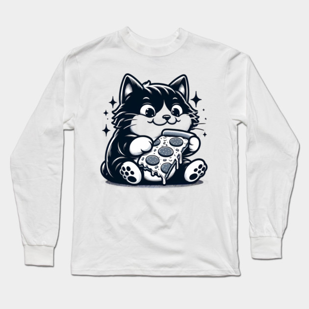 Cute Cat Eating Pizza, Funny Pizza Lover Long Sleeve T-Shirt by logiamerch