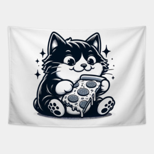 Cute Cat Eating Pizza, Funny Pizza Lover Tapestry