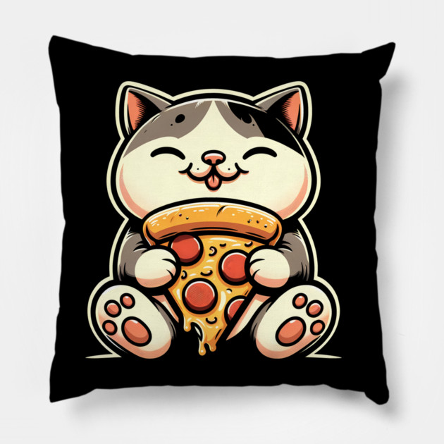 Kawaii Cat Eating Pizza, Funny Pizza Lover Pillow by logiamerch