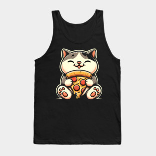Kawaii Cat Eating Pizza, Funny Pizza Lover Tank Top