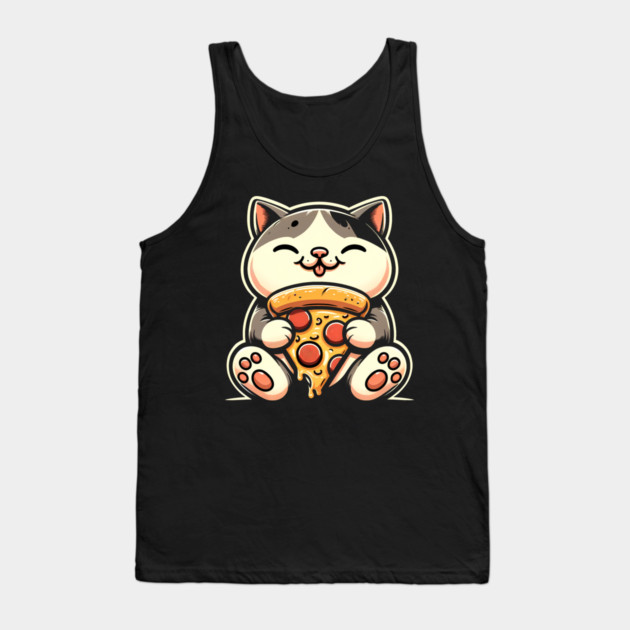 Kawaii Cat Eating Pizza, Funny Pizza Lover Tank Top by logiamerch