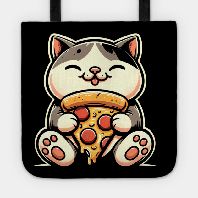 Kawaii Cat Eating Pizza, Funny Pizza Lover Tote by logiamerch