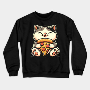 Kawaii Cat Eating Pizza, Funny Pizza Lover Crewneck Sweatshirt