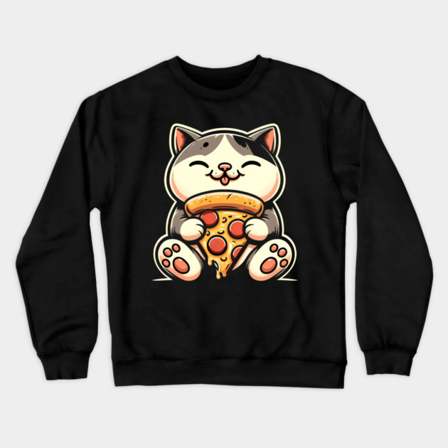 Kawaii Cat Eating Pizza, Funny Pizza Lover Crewneck Sweatshirt by logiamerch