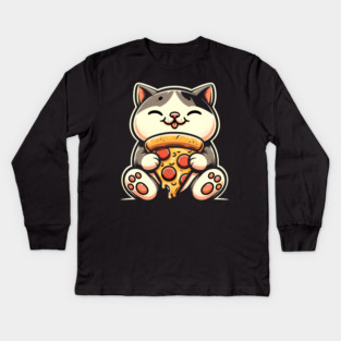 Kawaii Cat Eating Pizza, Funny Pizza Lover Kids Long Sleeve T-Shirt