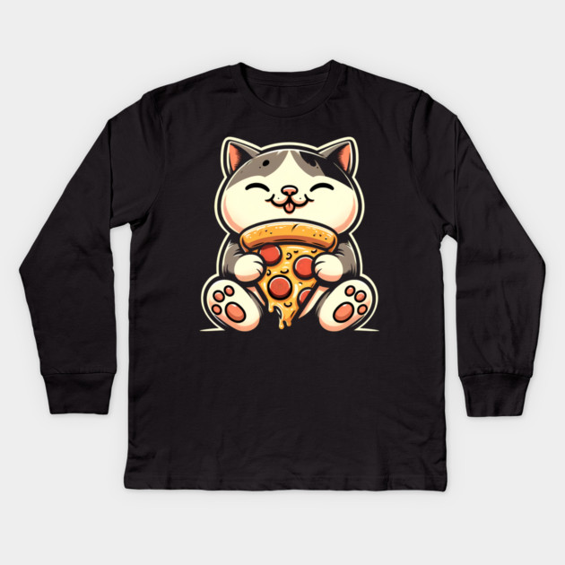 Kawaii Cat Eating Pizza, Funny Pizza Lover Kids Long Sleeve T-Shirt by logiamerch