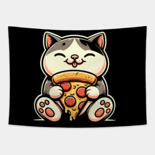 Kawaii Cat Eating Pizza, Funny Pizza Lover Tapestry