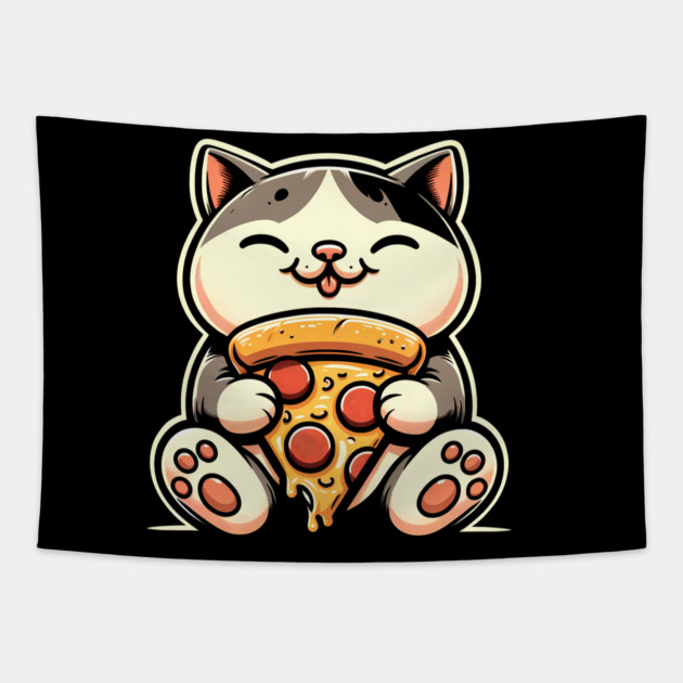 Kawaii Cat Eating Pizza, Funny Pizza Lover Tapestry by logiamerch
