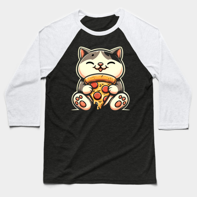 Kawaii Cat Eating Pizza, Funny Pizza Lover Baseball T-Shirt by logiamerch