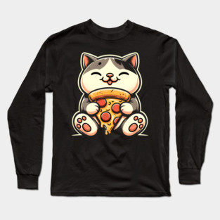 Kawaii Cat Eating Pizza, Funny Pizza Lover Long Sleeve T-Shirt
