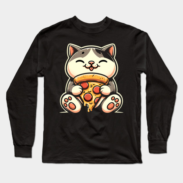 Kawaii Cat Eating Pizza, Funny Pizza Lover Long Sleeve T-Shirt by logiamerch