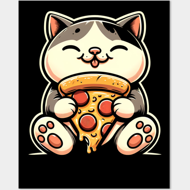 Kawaii Cat Eating Pizza, Funny Pizza Lover Wall Art by logiamerch